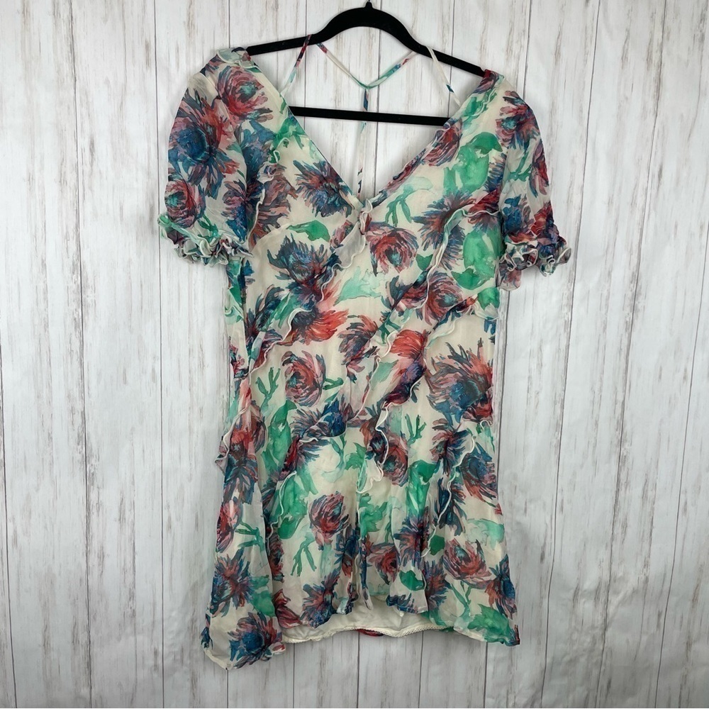 Anthropologie silky ruffle floral mini dress US 4